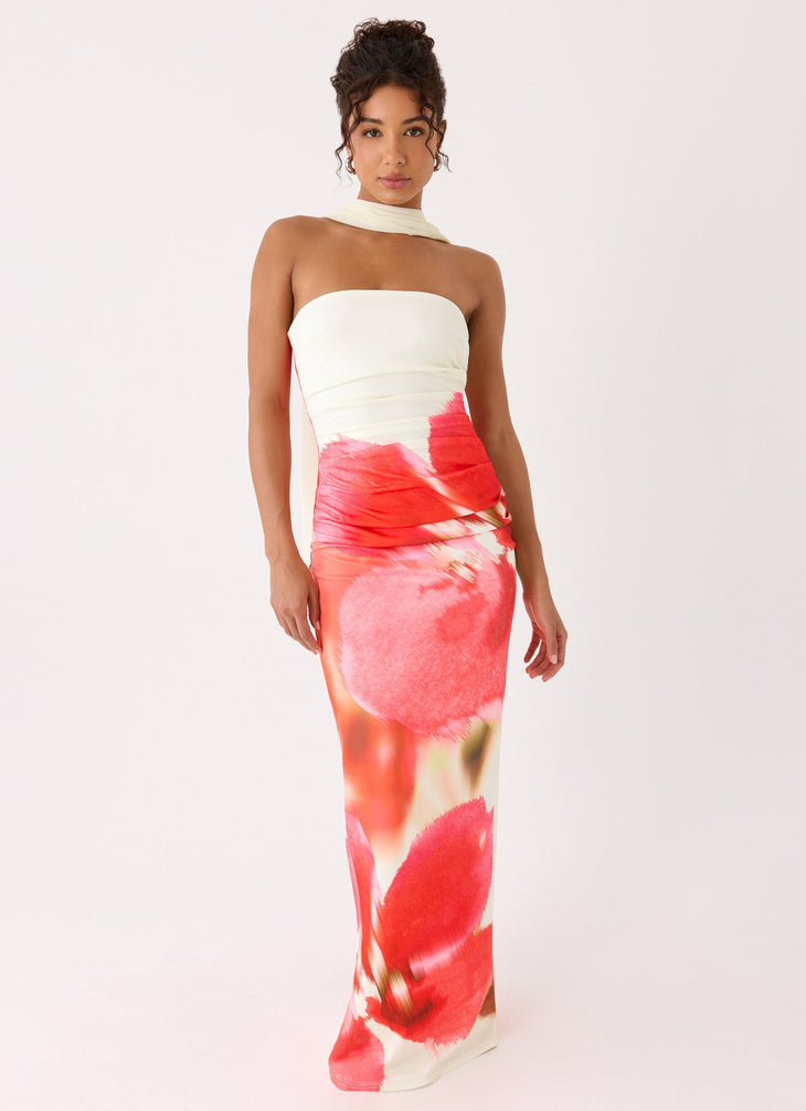 Libra Maxi Dress in cream and red floral print with choker neckline — Peppermayo | Endless UAE