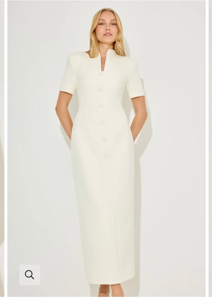 Cream cotton mix button midi dress with short sleeves and back slit — Odd Muse | Endless UAE