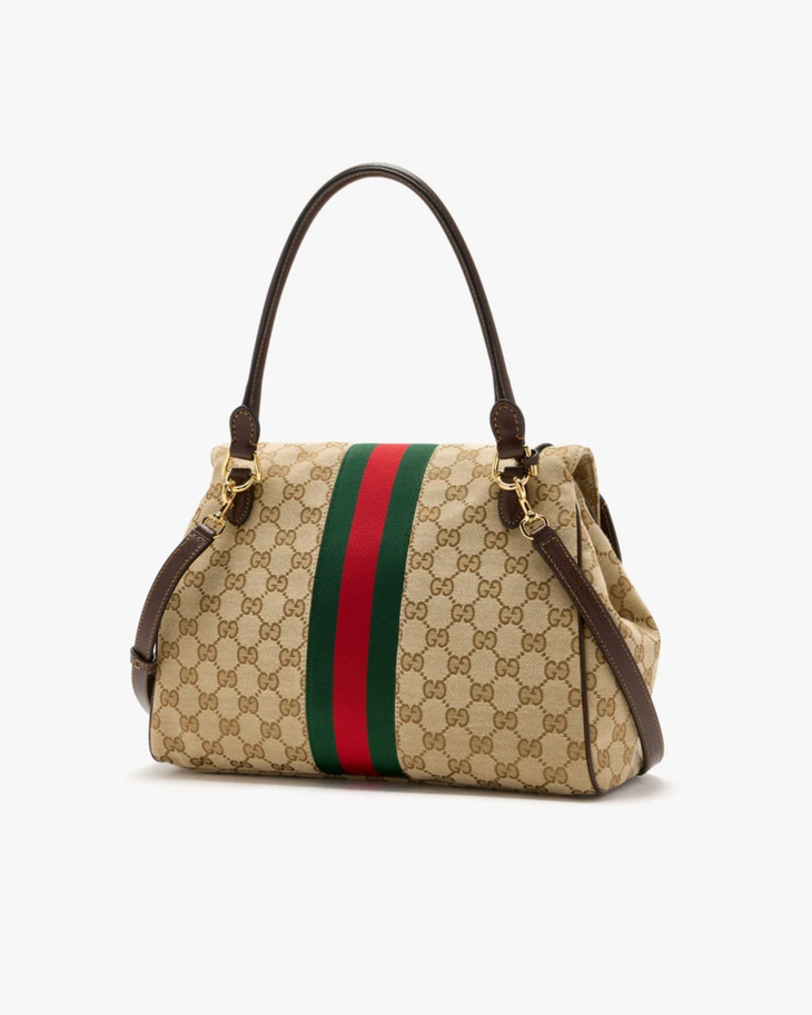 Gucci Paparazzo Medium Top Handle Bag in beige GG canvas with brown leather handles and green-red-green web stripe — Gucci | Endless UAE