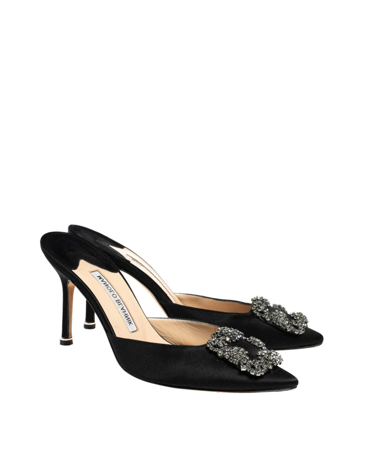 Black satin pointed-toe mules with crystal buckle detail — Manolo Blahnik | Endless UAE