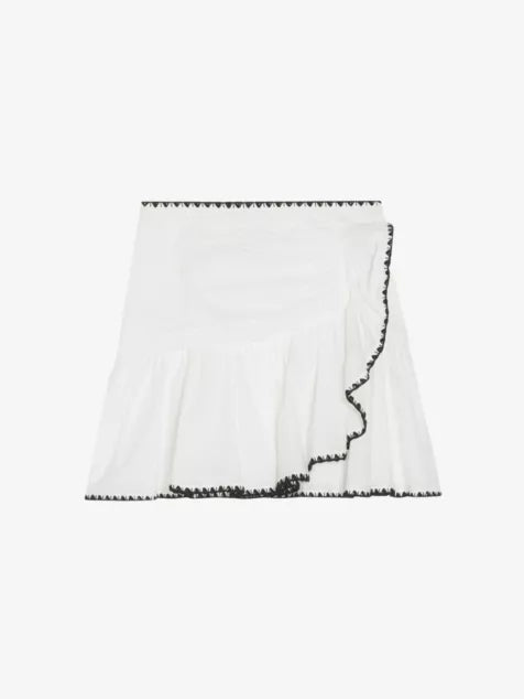 White cotton mini skirt with black embroidered ruffle trim — Claudie Pierlot | Endless UAE