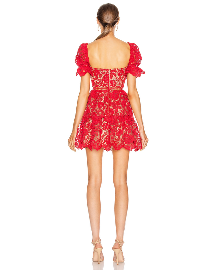 Red floral lace mini dress with puffed sleeves and tiered skirt — Self-Portrait | Endless UAE