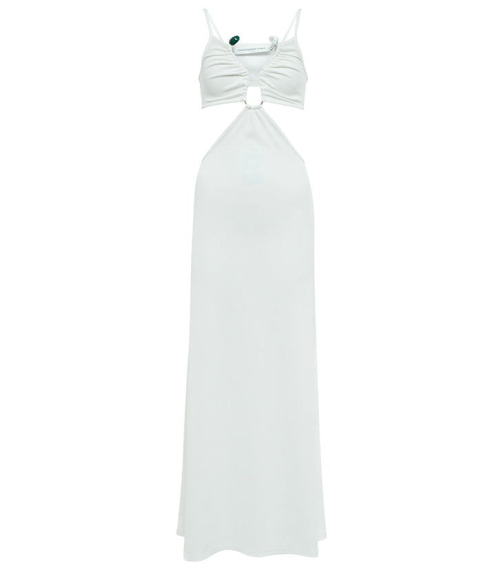 White cutout maxi dress with ring detail and ruched straps — Christopher Esber | Endless UAE