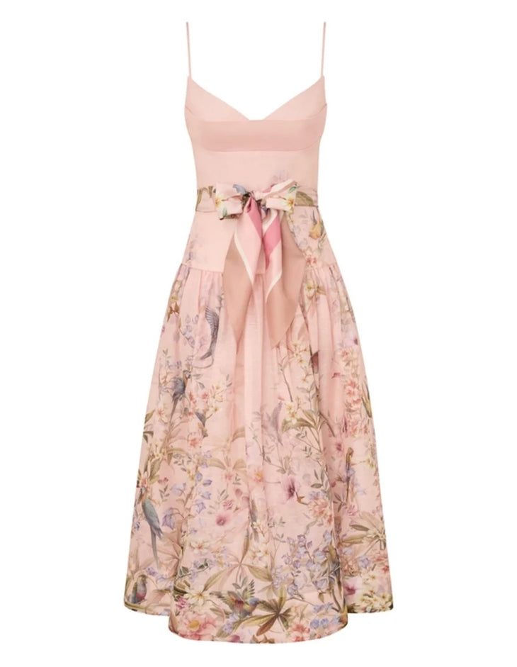 Woman wearing Rebellion Fitted Picnic Dress in pink with floral print, featuring sweetheart neckline and midi length — Zimmermann | Endless UAE