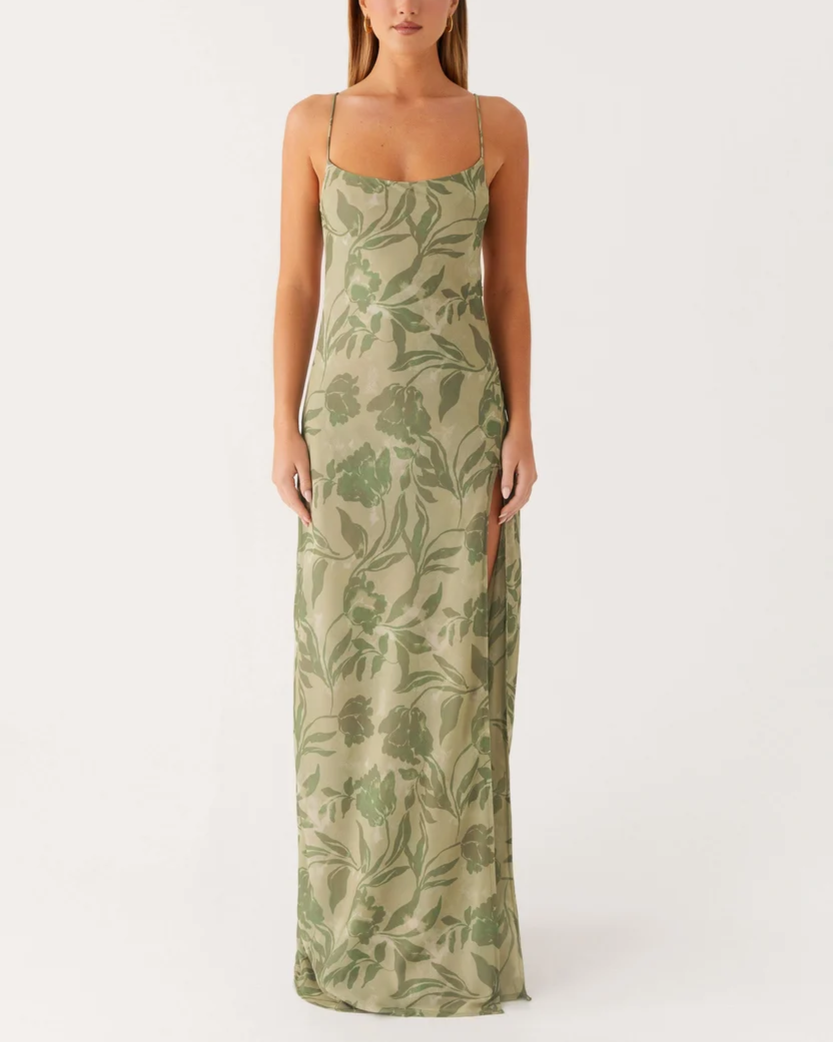 Alouette Dress in green floral print with thin straps and thigh slit — Peppermayo | Endless UAE