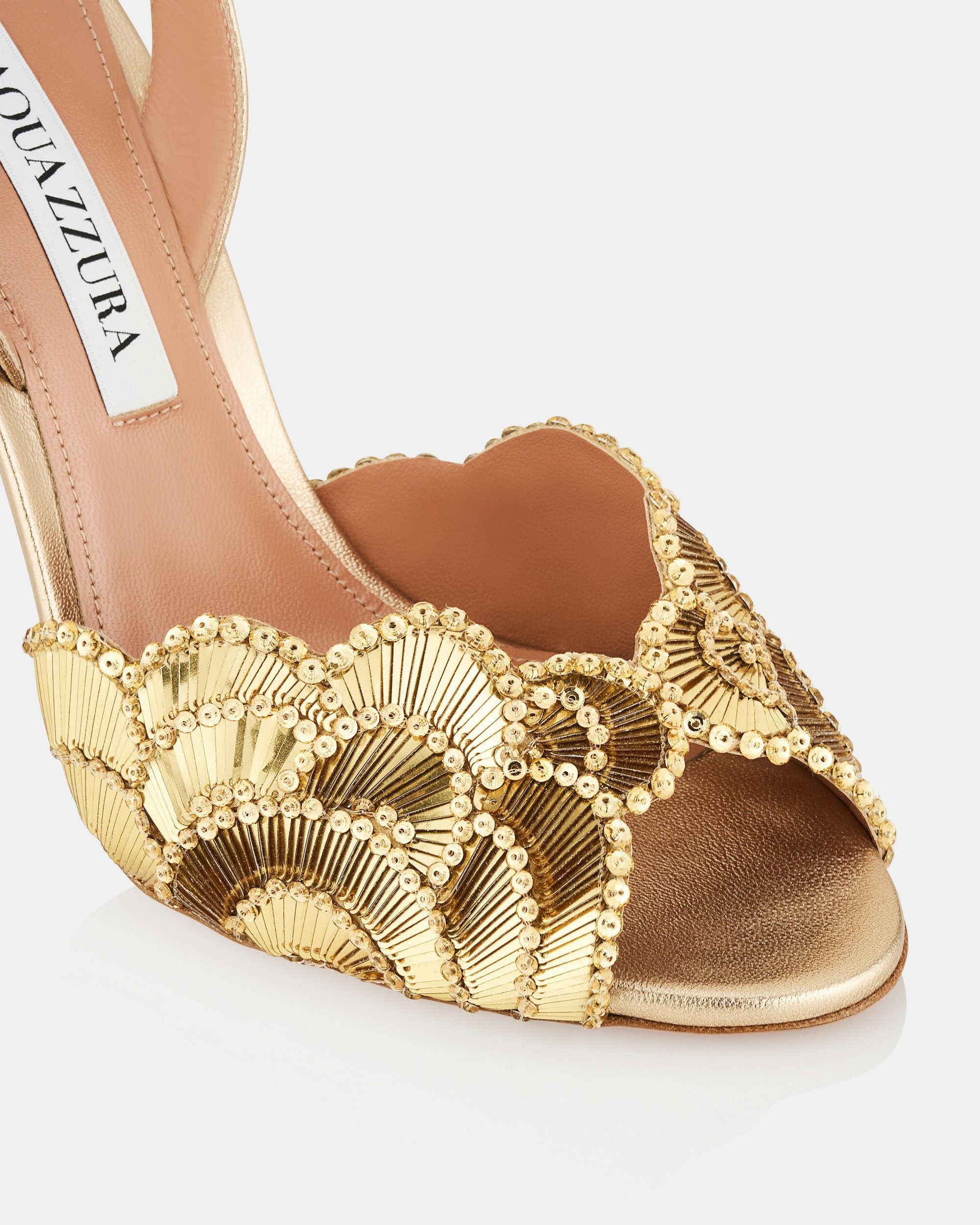 Gold embellished peep-toe heels with scalloped shell design — Aquazzura | Endless UAE