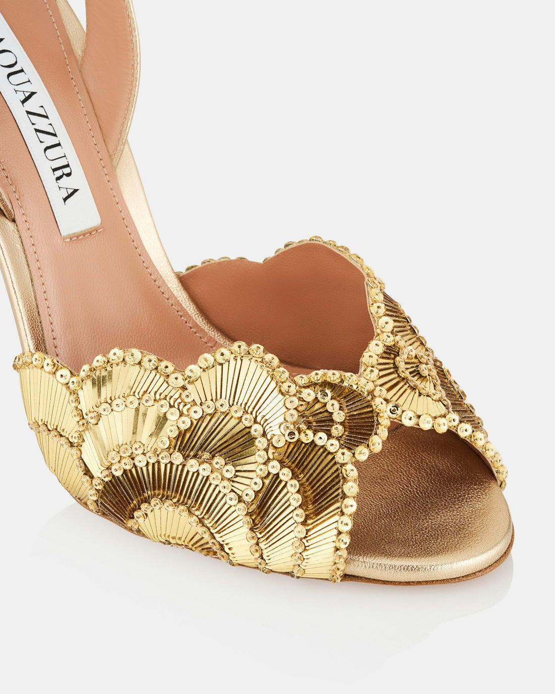 Gold embellished peep-toe heels with scalloped shell design — Aquazzura | Endless UAE
