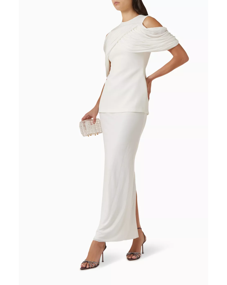 Cream Vivien Dress with cold-shoulder ruched detail and maxi skirt slit — Chats By C.Dam | Endless UAE