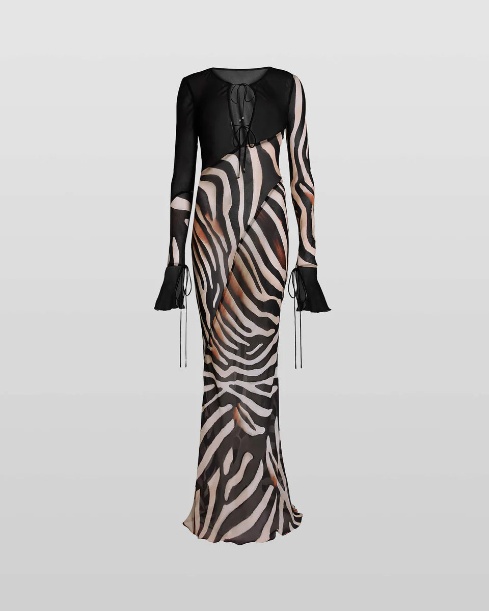 Sabine Dress in zebra print with long sheer sleeves and deep V-neckline — Rat & Boa | Endless UAE