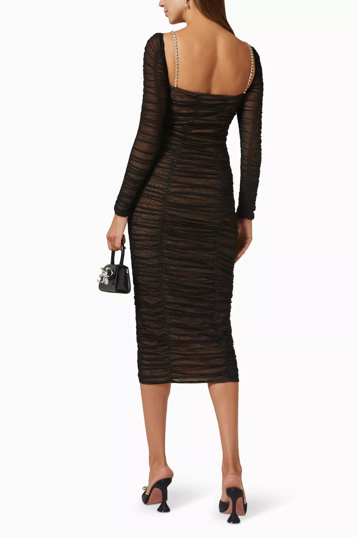 Black ruched midi dress with long sleeves and diamante straps — Self-Portrait | Endless UAE