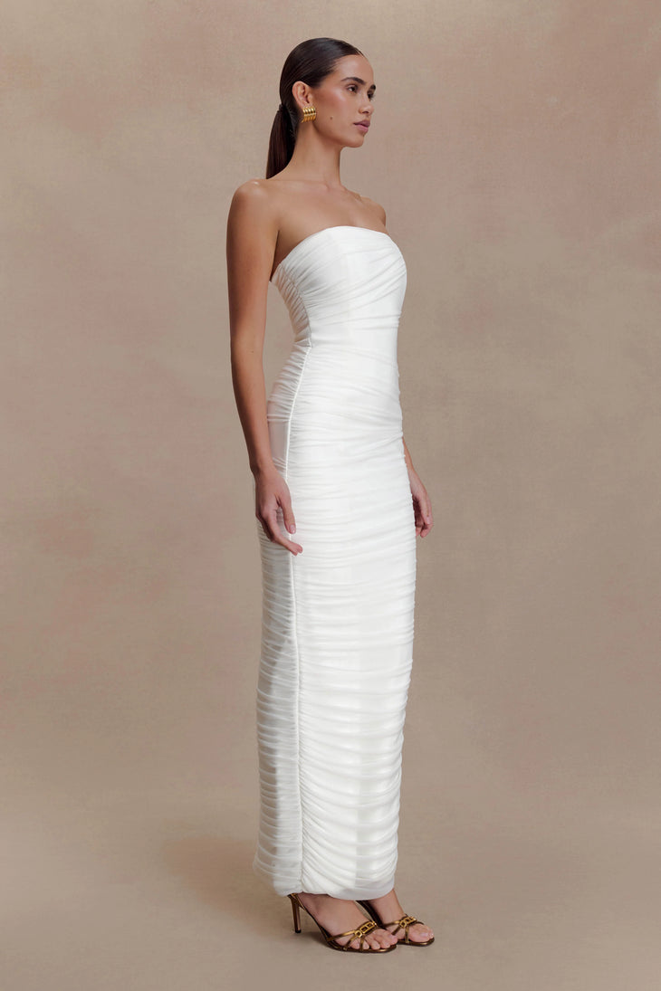 White strapless ruched mesh maxi dress with fitted silhouette — Meshki | Endless UAE