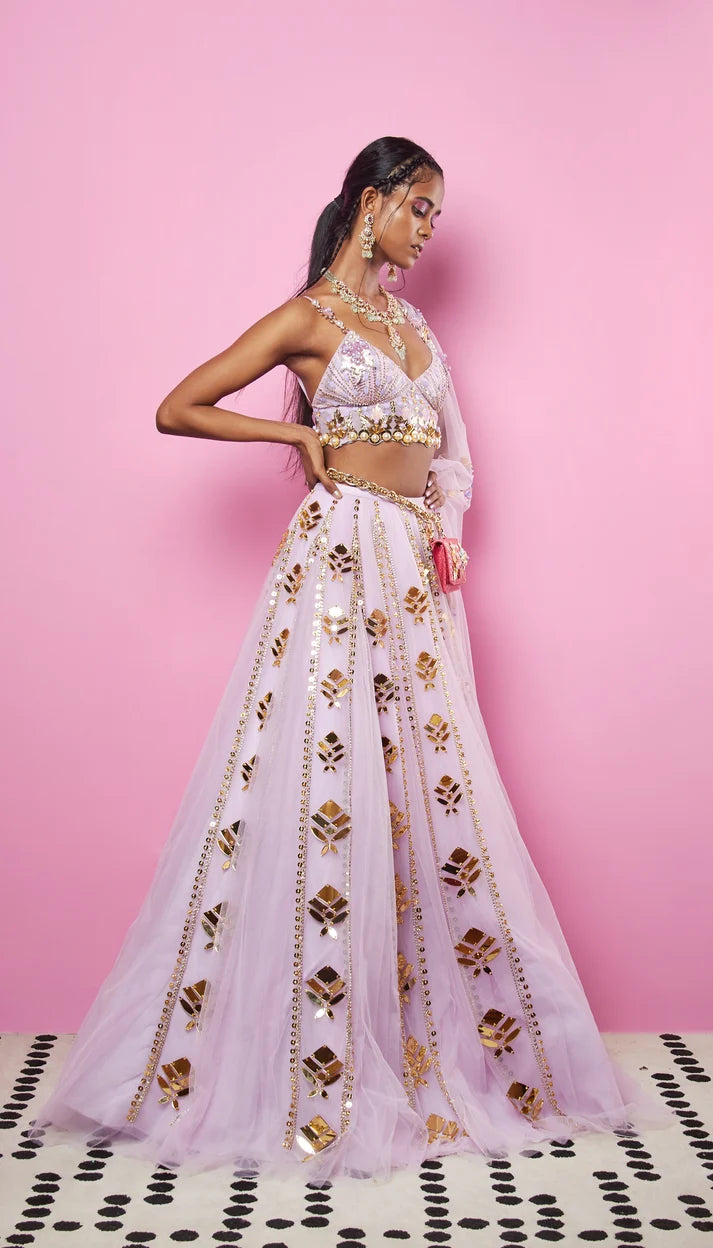 Lavender embroidered lehenga set with gold accents and matching dupatta — Papa Don't Preach | Endless UAE