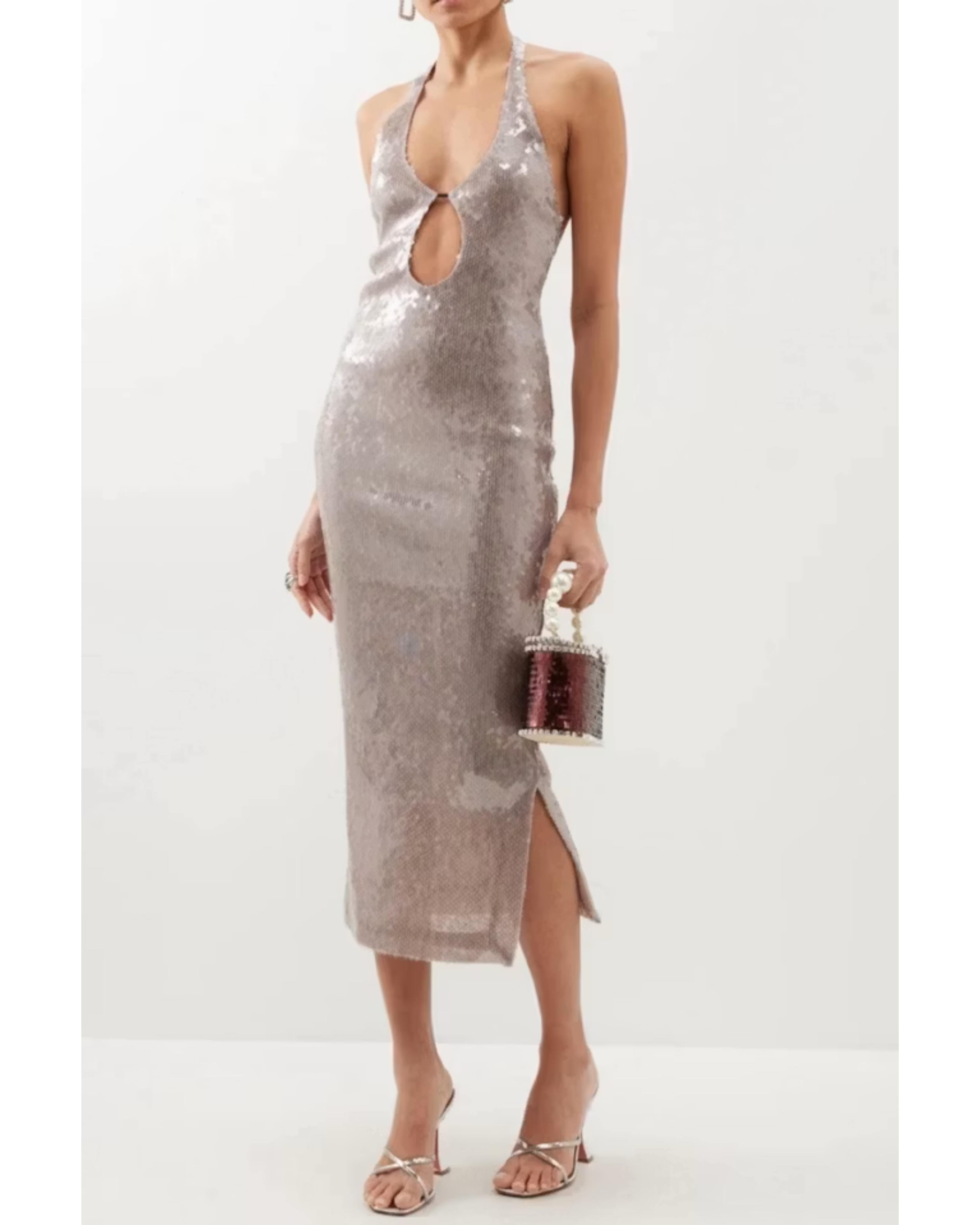 Sequinned halter midi dress with keyhole cutout detail in silver — 16Arlington | Endless UAE