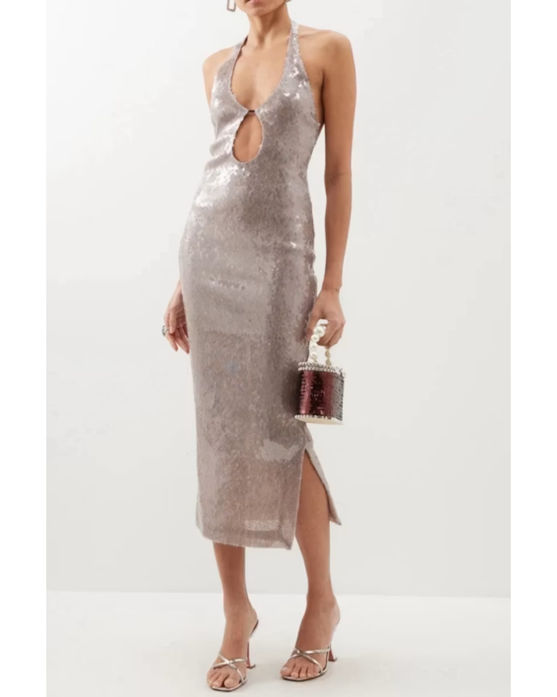 Sequinned halter midi dress with keyhole cutout detail in silver — 16Arlington | Endless UAE