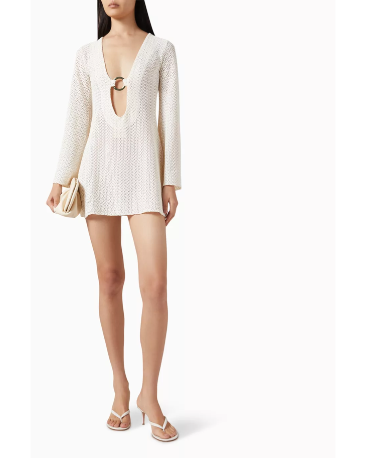 Cream crochet mini dress with long sleeves and ring detail cutout — Monday Swimwear | Endless UAE