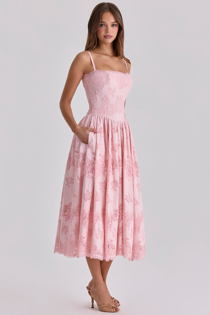 Pink broderie anglais lace midi sundress with square neckline and full skirt — House of CB | Endless UAE