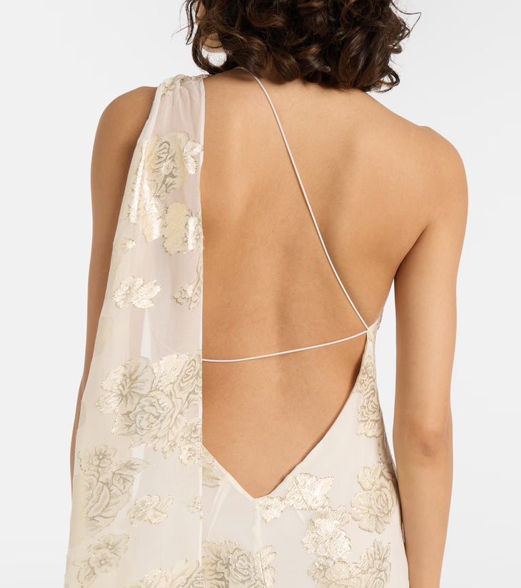 Ivory silk-blend lamé maxi dress with gold floral embroidery and one-shoulder neckline — Alexandra Miro | Endless UAE