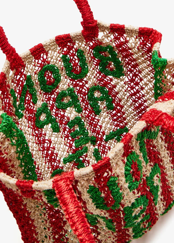 Red and green crocheted tote bag with striped pattern and handles — The Jacksons | Endless UAE