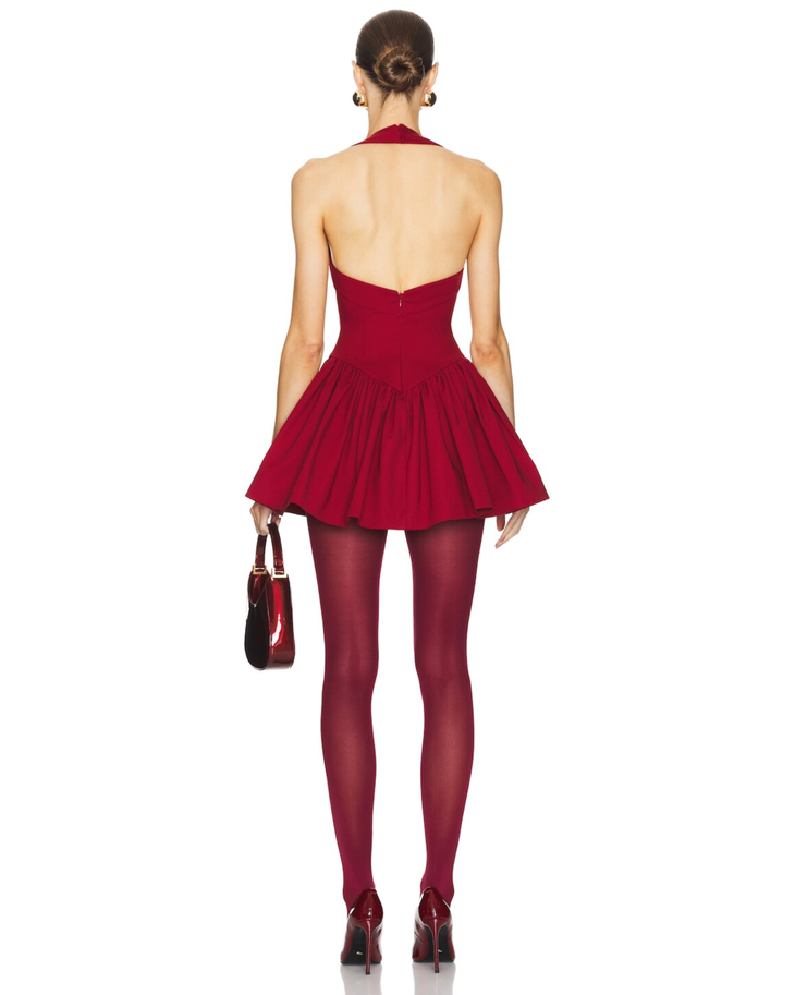 Burgundy faille halter mini dress with pleated skirt and matching tights — Helsa | Endless UAE