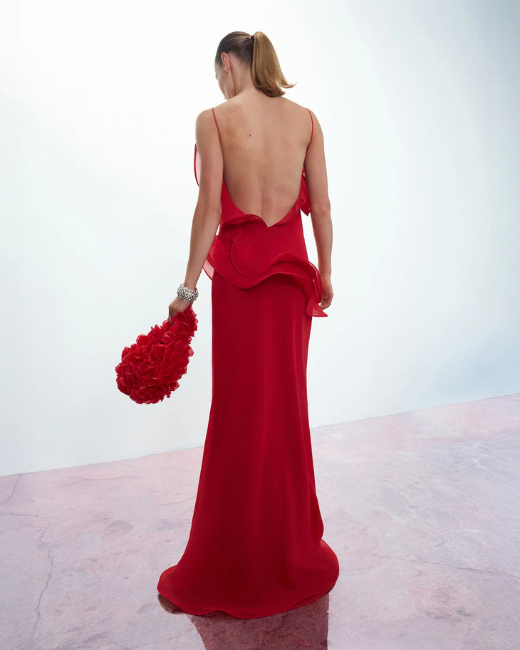 Red chiffon maxi dress with cold shoulder and ruffle details — Selezza London | Endless UAE