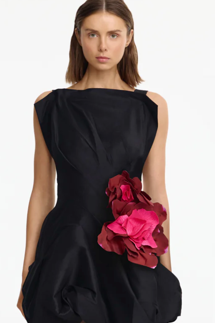 Black sleeveless mini dress with red floral embellishment at waist — Acler | Endless UAE