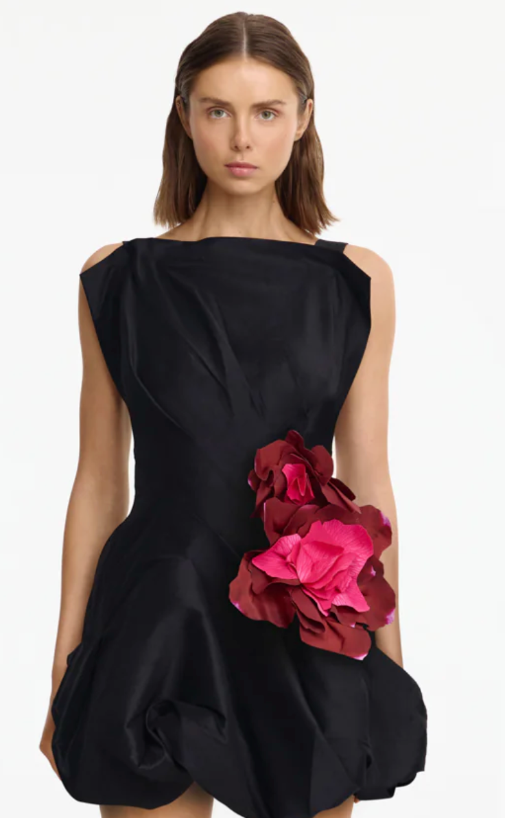 Black sleeveless mini dress with red floral embellishment at waist — Acler | Endless UAE