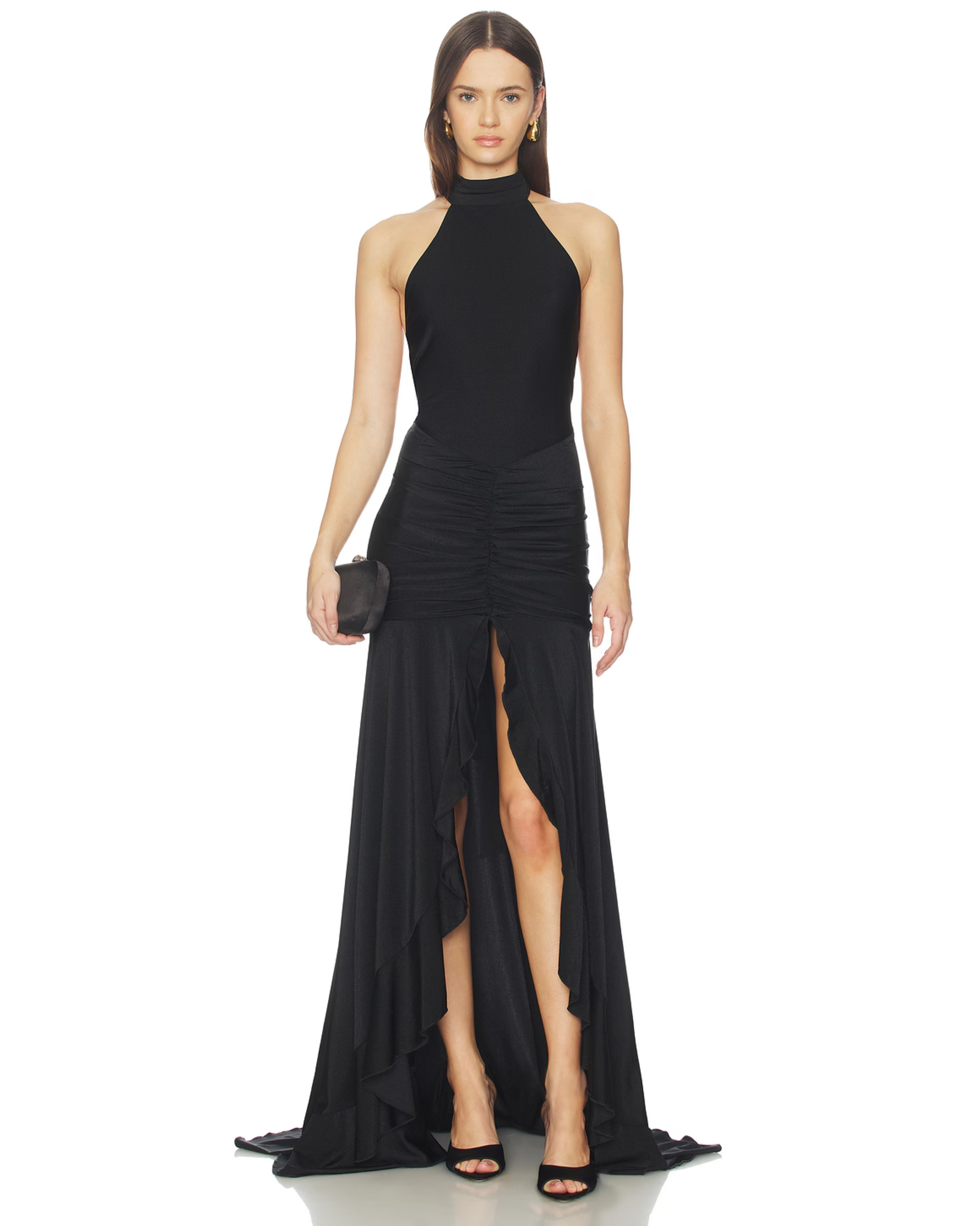 Black halterneck maxi dress with ruched waist and asymmetrical hem — Runaway The Label | Endless UAE