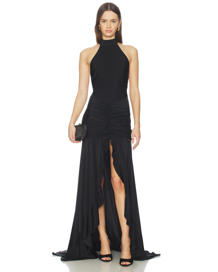 Black halterneck maxi dress with ruched waist and asymmetrical hem — Runaway The Label | Endless UAE
