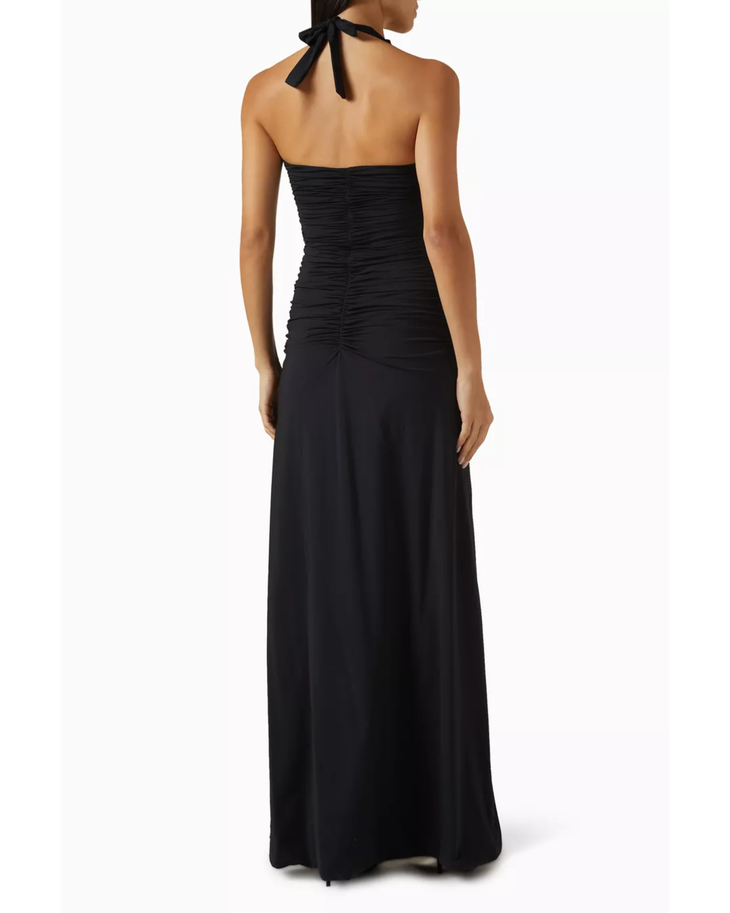 Black halter neck maxi dress with ruched bodice and flowing skirt — Maygel Coronel | Endless UAE