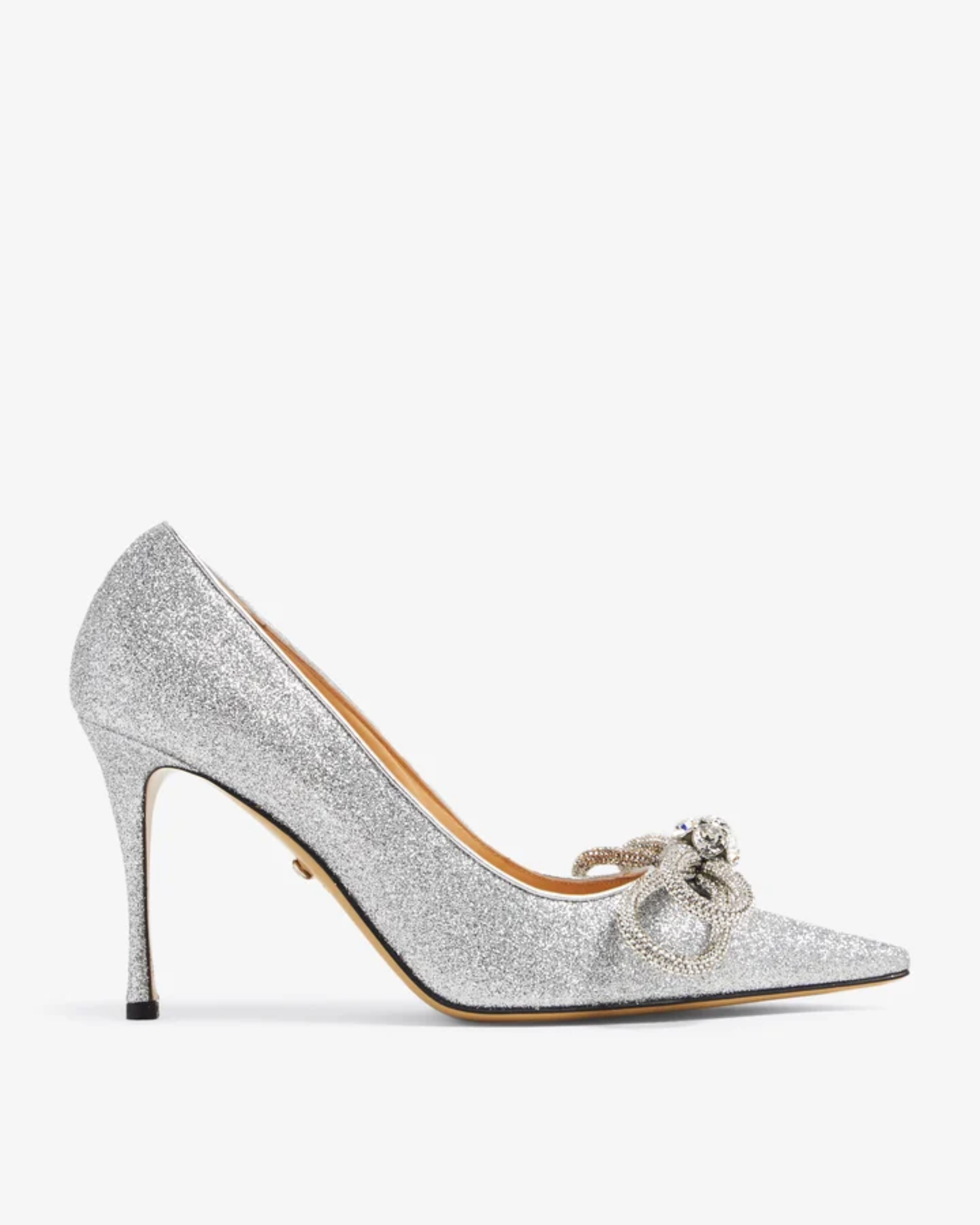 Silver glitter pointed-toe pump with crystal bow embellishment — Mach & Mach | Endless UAE