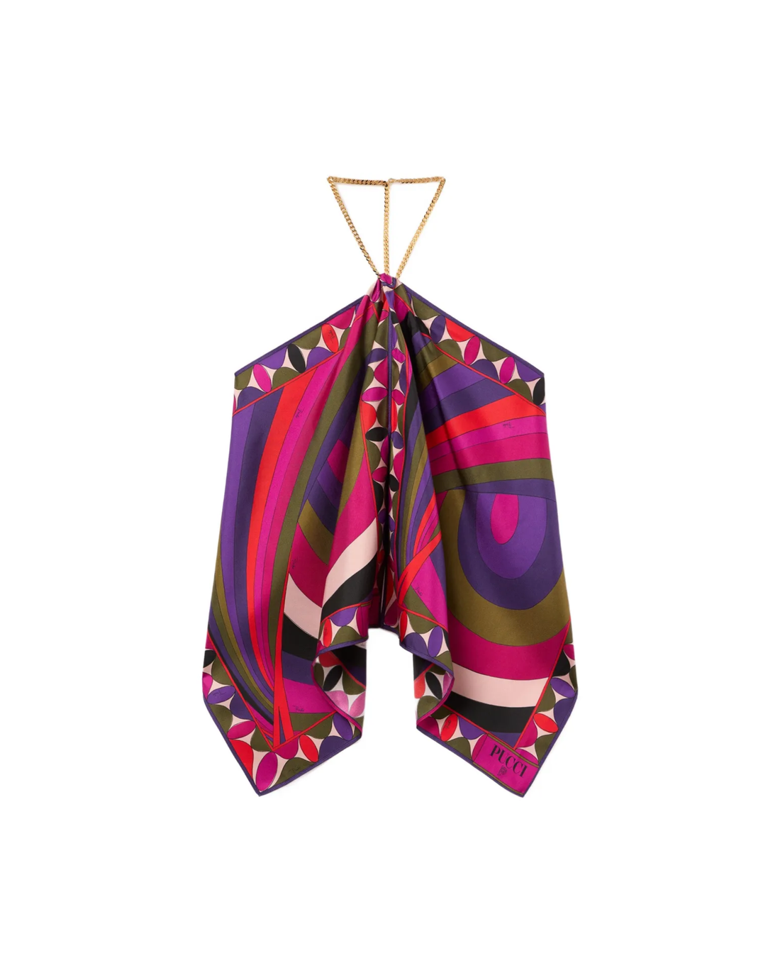 Orchidee-print silk scarf with chain top detail in vibrant purple, pink and gold — Emilio Pucci | Endless UAE