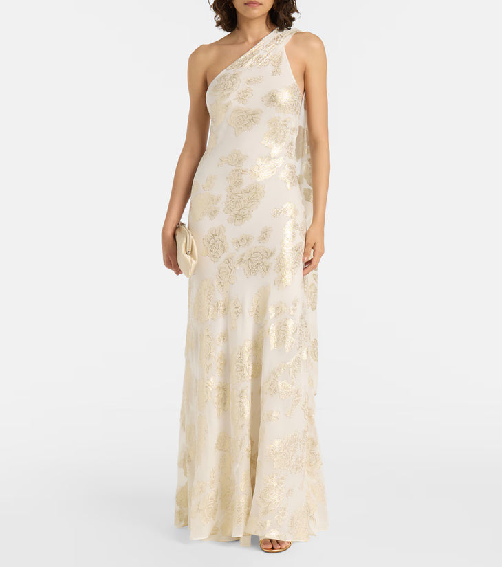 Ivory silk-blend lamé maxi dress with gold floral embroidery and one-shoulder neckline — Alexandra Miro | Endless UAE