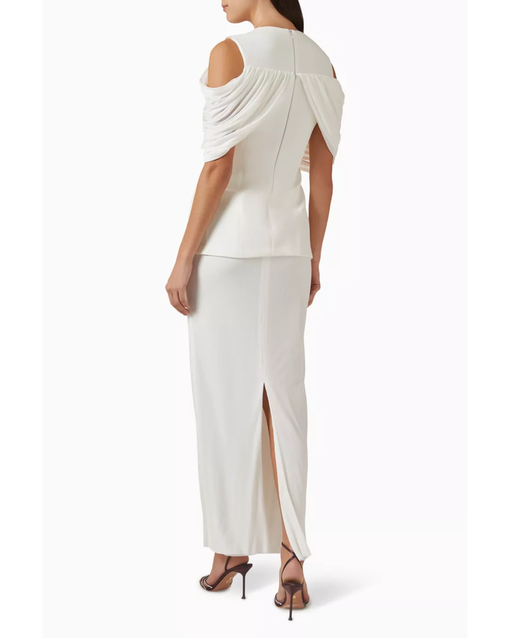 Cream Vivien Dress with cold-shoulder ruched detail and maxi skirt slit — Chats By C.Dam | Endless UAE