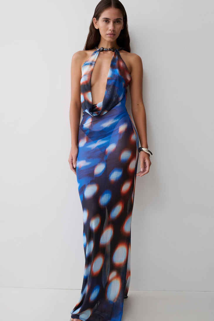 Woman wearing blue, red and white mesh cowl plunge maxi dress with beaded neckline — Meshki | Endless UAE