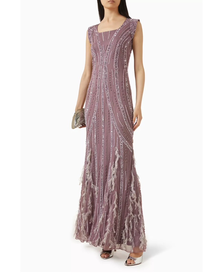 Mauve feather-fringe cape gown with beaded embellishment — Raishma London | Endless UAE