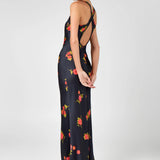 Black floral maxi dress with red and yellow flowers, racerback neckline — Hyphen | Endless UAE