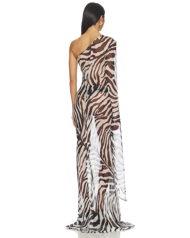 Zebra Print One-Shoulder Maxi Dress in Brown and White — Cha The Label | Endless UAE