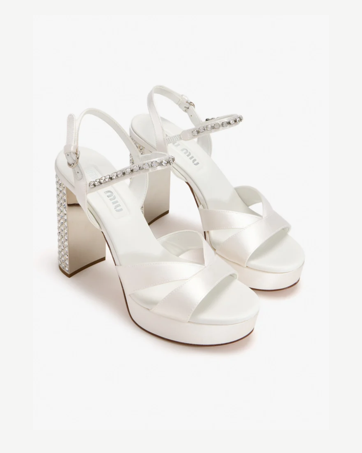White satin platform sandals with crystal-embellished block heel — Miu Miu | Endless UAE