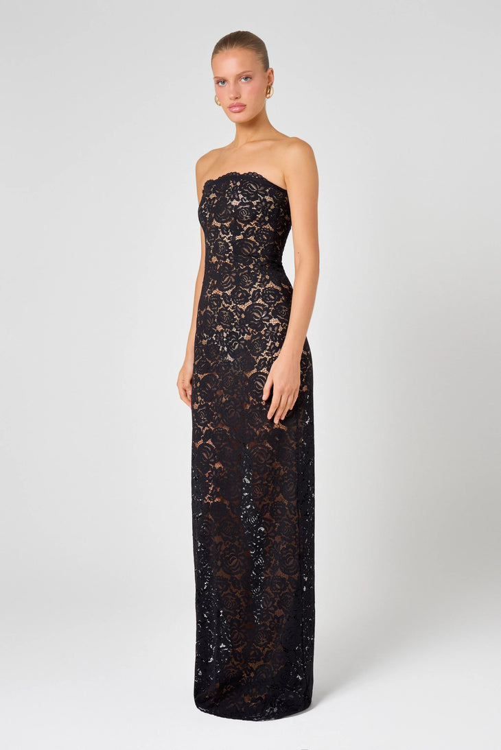 Black strapless lace maxi dress with intricate floral pattern — Hyphen | Endless UAE