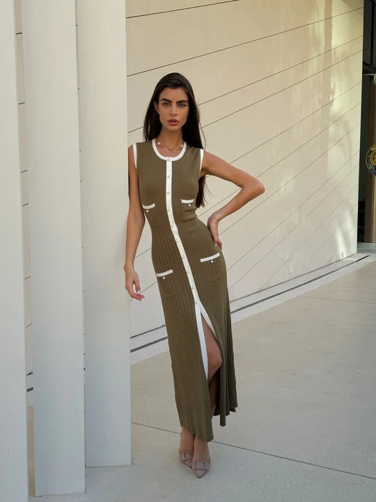 Pearl Knit Dress in Olive with cream trim and pocket details — Marble | Endless UAE