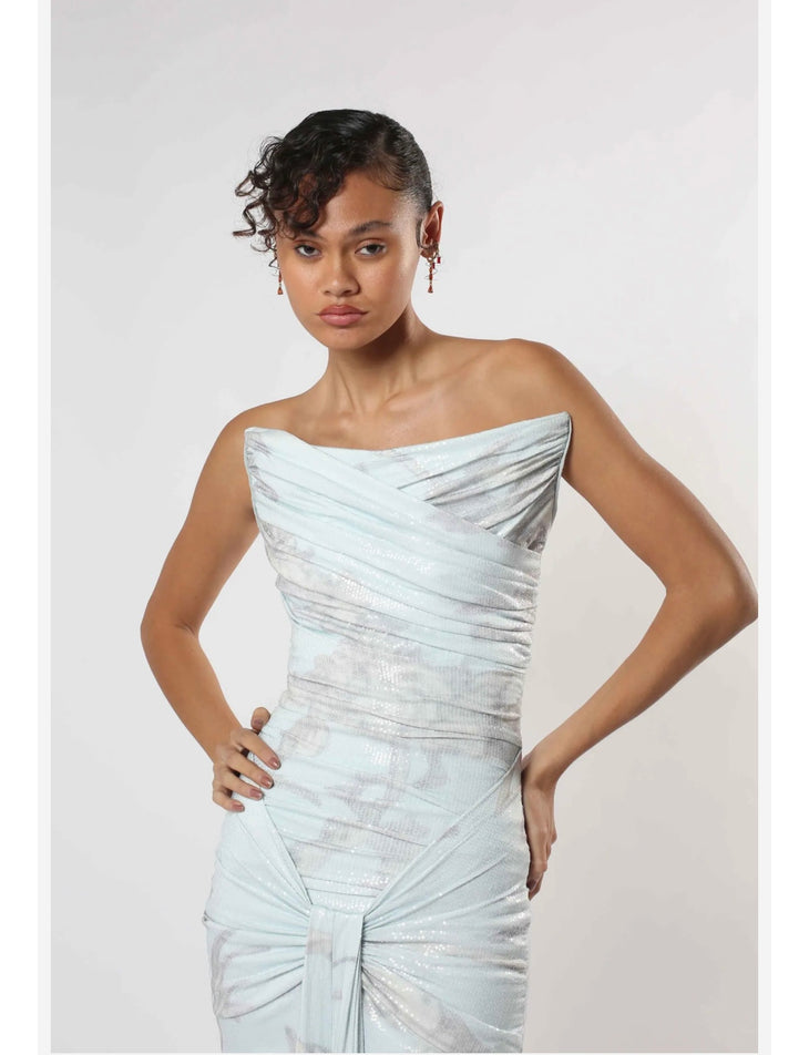 Nadia Pale Blue Gown with draped bodice and flowing skirt — Zeena Zaki | Endless UAE