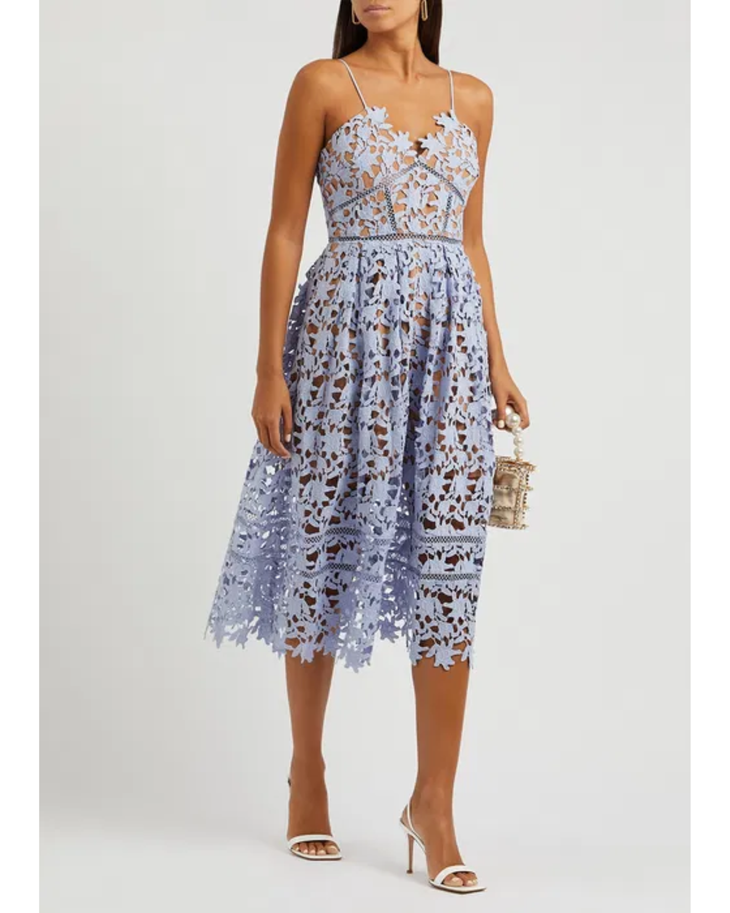 Light blue guipure lace midi dress with open back and tiered skirt — Self-Portrait | Endless UAE