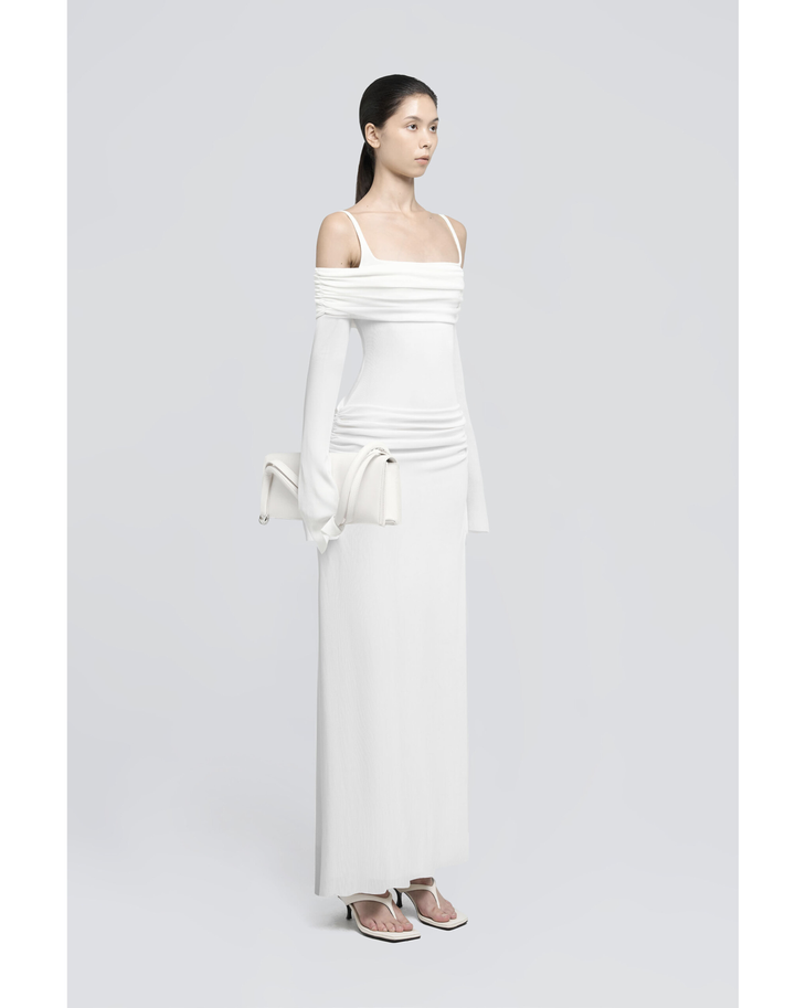 White off-shoulder maxi dress with ruched detailing and matching clutch — CHATS BY C.DAM | Endless UAE