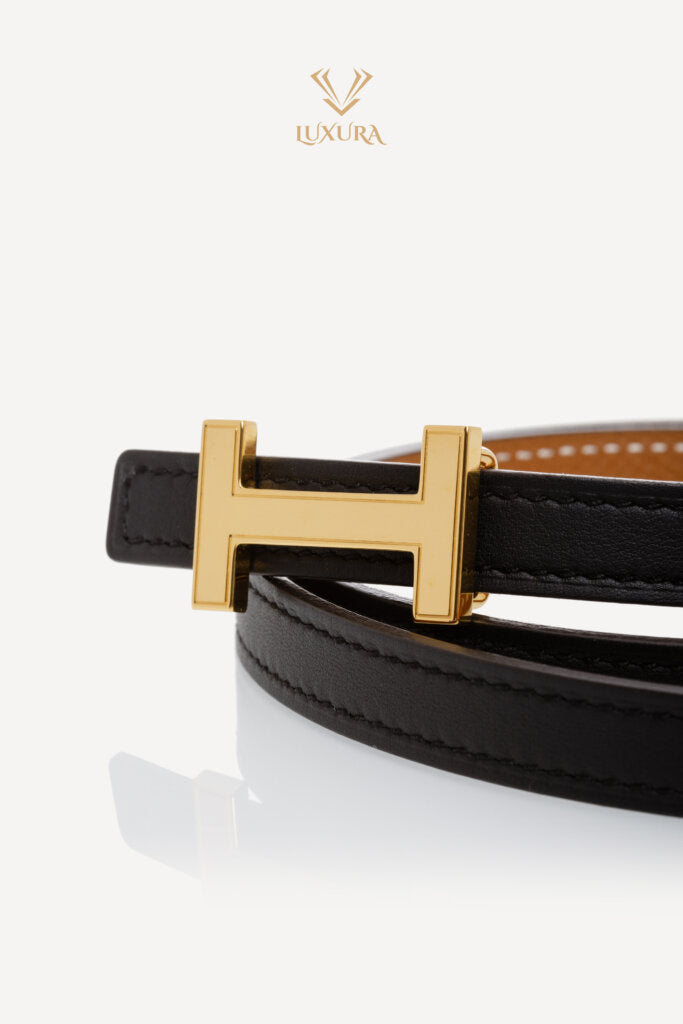 Black reversible leather belt with gold H buckle — Hermes | Endless UAE