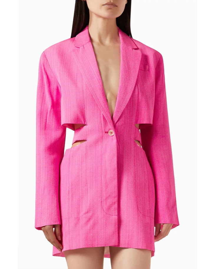 Pink linen mini blazer dress with cutout waist detail and single button closure — Jacquemus | Endless UAE