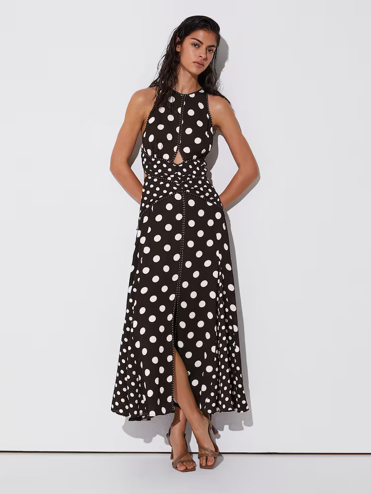 Black and white polka-dot sleeveless midi dress with cut-out waist detail — Reiss | Endless UAE