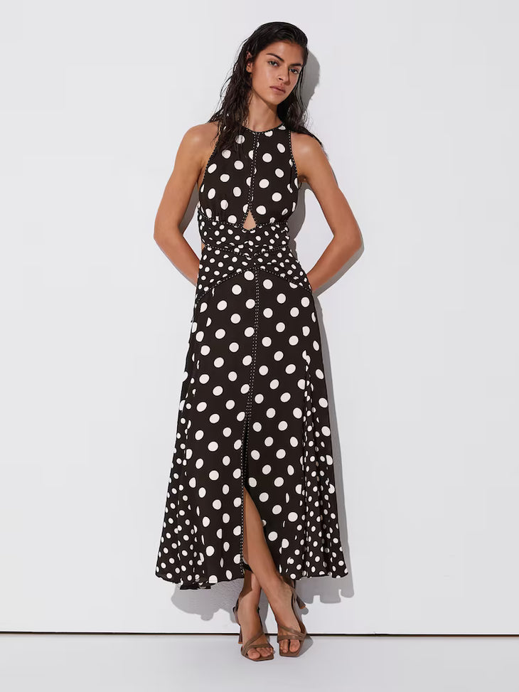 Black and white polka-dot sleeveless midi dress with cut-out waist detail — Reiss | Endless UAE