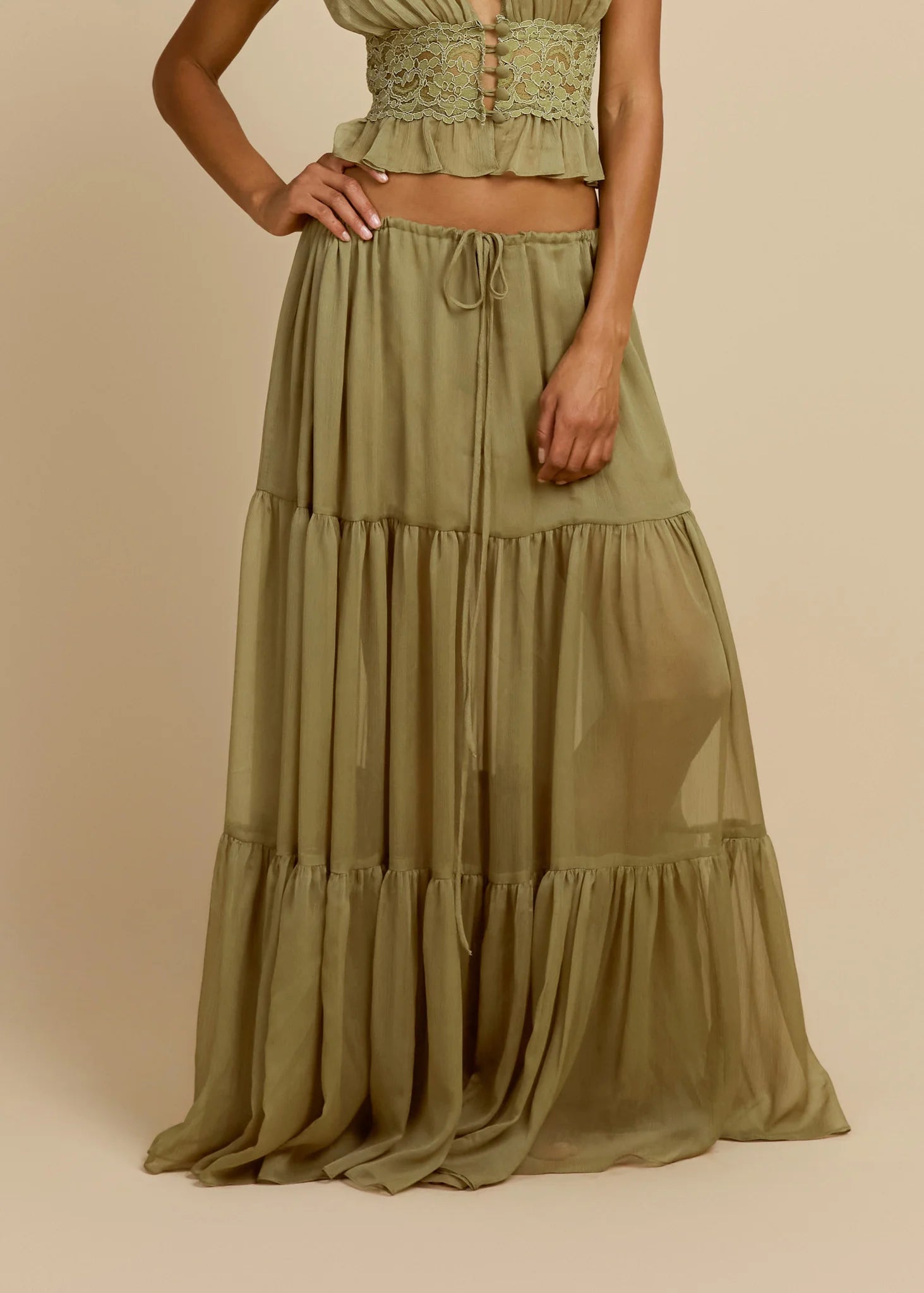 Sabrina Skirt in sage green with tiered ruffles and drawstring waist — Arcina Ori | Endless UAE