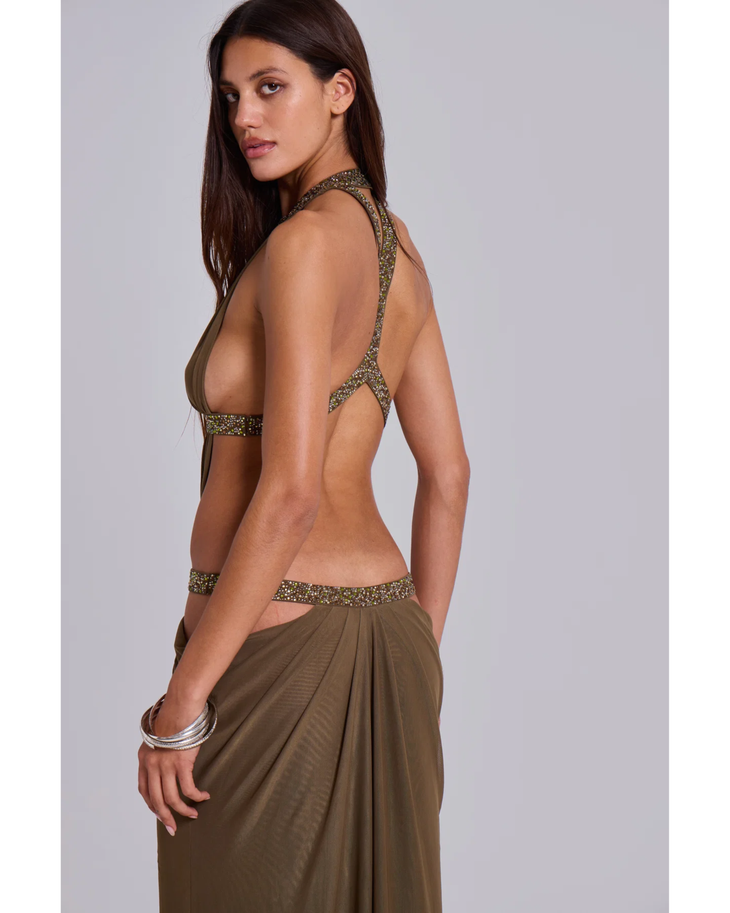 Olive halter maxi dress with beaded cutout details and draped fabric — Jaded London | Endless UAE