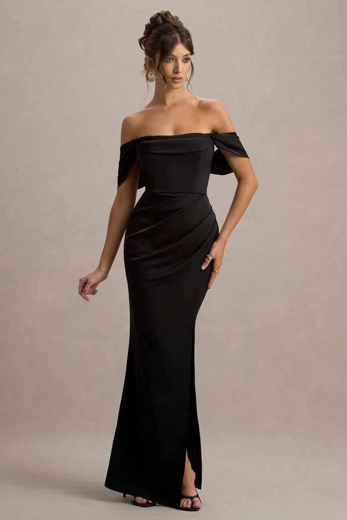 Woman wearing black satin off-shoulder maxi dress with high slit — Club L London | Endless UAE